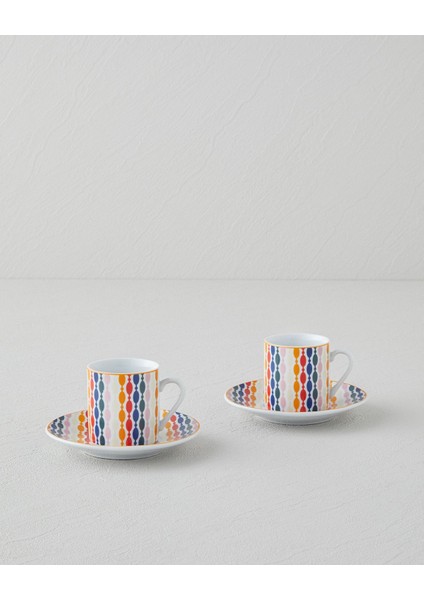 Renkli 4 Parça Porselen Kahve Fincan Takımı, 80 Ml, Ekru, 2 Kişilik