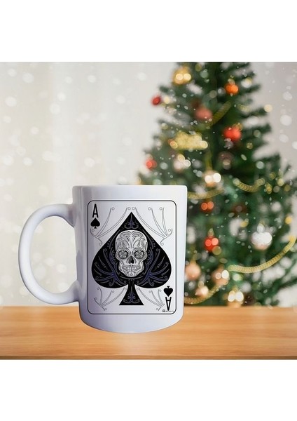 Poker Ası - Kuru Kafa Kart - Maça Kızı Iskelet Temalı Porselen Kupa
