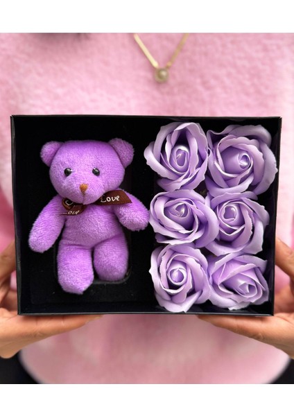 Eşe - Kız Kardeşe - Sevgiliye Hediye Mor Ayıcık ve Mor Güller