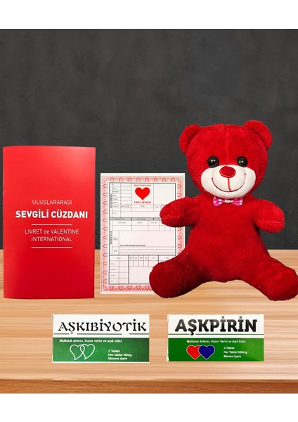 Sevgiliye Romantik Hediye Kırmızı Ayıcık - Aşkpirin - Aşkıbiyotik - Sevgili Cüzdanı ve Aşk Tapusu