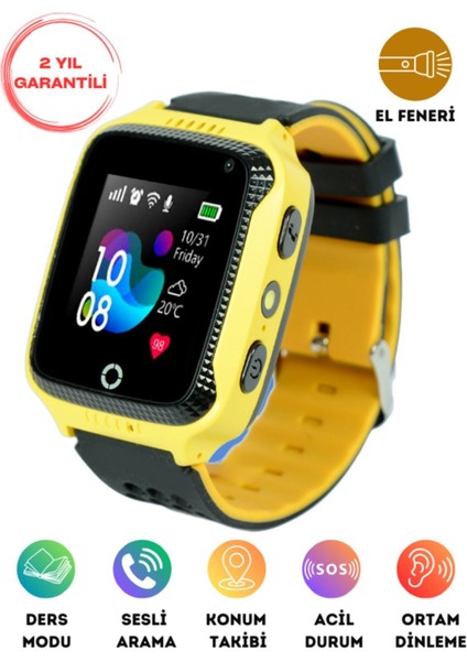 Sarı Renkli Çocuk Akıllı Saat, Gps ve Özellikli, Güvenli ve Eğlenceli Kullanım