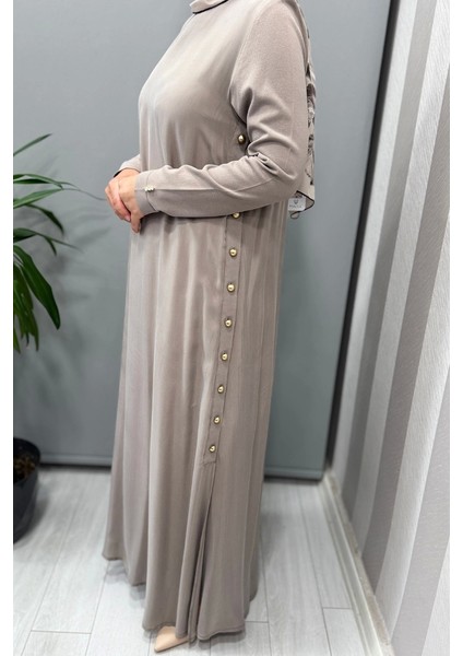 Yanları Düğmeli Cupro Elbise Mink T25Y-4052