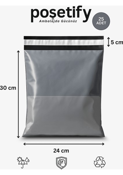Gri Cepli Kargo Poşeti 24X30+5 cm 25 Adet E-Ticaret Poşeti | Yapışkan Bantlı Gönderi Zarfı