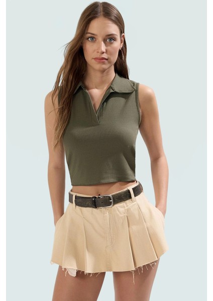 Yazlık Crop Bluz Polyester Elastan Örme Kumaş Rahat Kalıp Mükemmel Uyum ve Şık Konforlu Kesim