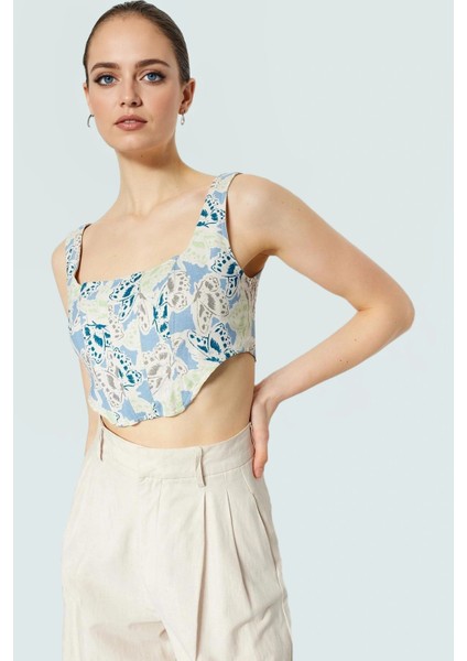 Basic Koleksiyon Fitted Crop Bluz Kare Yaka Çok Çiçek Desenli Dokuma Uzun Ömürlü fiyatları
