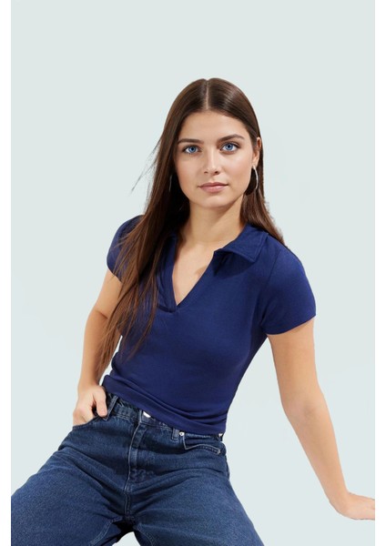 Crop Polo Yaka Bluz Rahat Şık Nefes Alan Viskoz Kumaş Konforlu Kesim Premium Kalite
