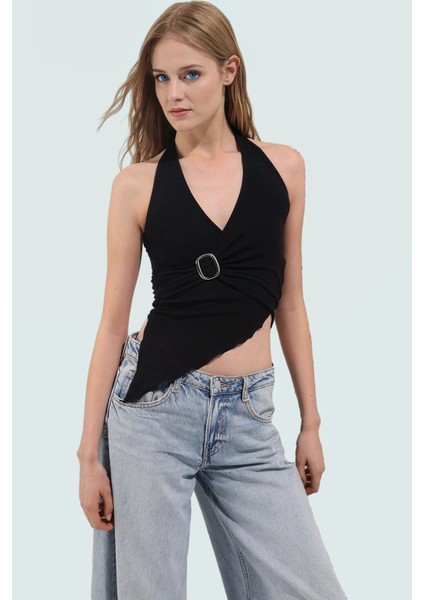 96% Viskoz 4% Elastan Kadın Örme Bluz Halter Yaka Fitted Yazlık Trend Tasarım