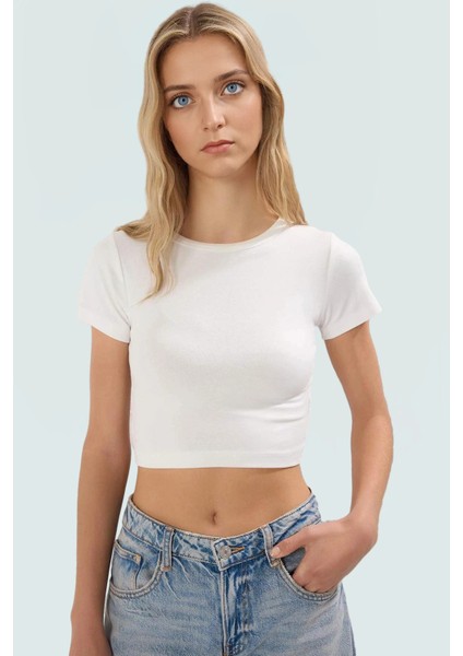 Viskoz Ribana Kumaşlı Rahat Crop Bluz 2li Paket Fitted Kalıp Renk Günlük Kullanım