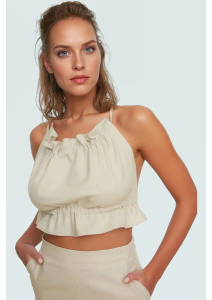 Yazlık Plaj Bluz Crop Keten Karışımı Bisiklet Yaka Regular Kalıp Şık Görünüm Uzun Ömürlü