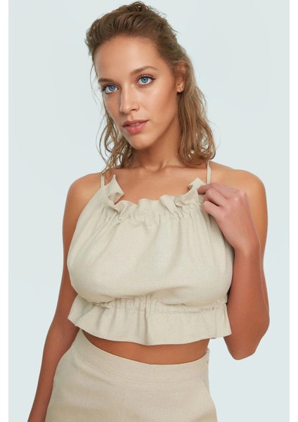 Yazlık Plaj Bluz Crop Keten Karışımı Bisiklet Yaka Regular Kalıp Şık Görünüm Uzun Ömürlü fiyatları