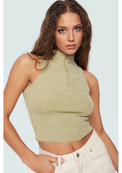 Kaşkorse Örme Bluz Crop Fitted Halter Yaka Fermuarlı Detay Trend Tasarım Premium Kalite