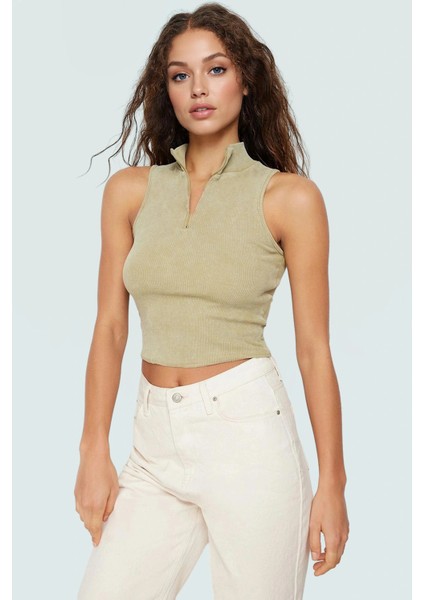 Kaşkorse Örme Bluz Crop Fitted Halter Yaka Fermuarlı Detay Trend Tasarım Premium Kalite fiyatları