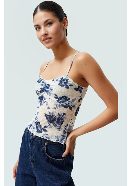 Çiçekli Crop Bluz Polyester Örme Kumaş Kalp Yaka Ince Askılı Yazlık Zarifane Tasarım