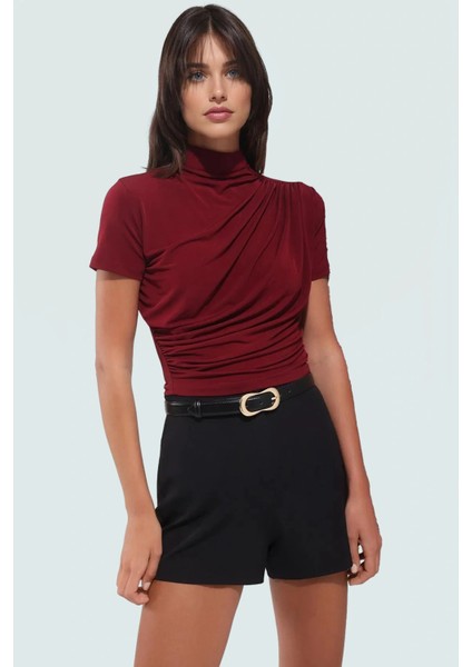Polyester Elastan Örme Bluz Dik Yaka Fitted Kısa Kollu Yazlık Yüksek Kalite Rahat Kullanım