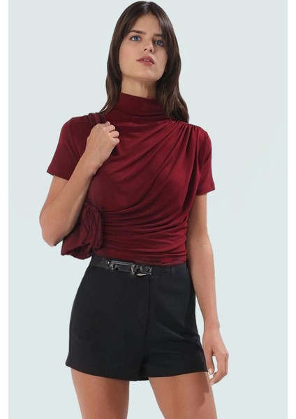 Polyester Elastan Örme Bluz Dik Yaka Fitted Kısa Kollu Yazlık Yüksek Kalite Rahat Kullanım fiyatları