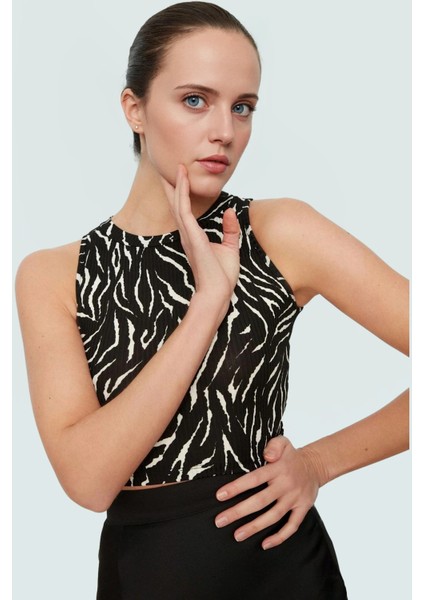Halter Yaka Animal Desenli Crop Bluz Örme Kumaş Rahat Yazlık Kıyafet Günlük Kullanım Için