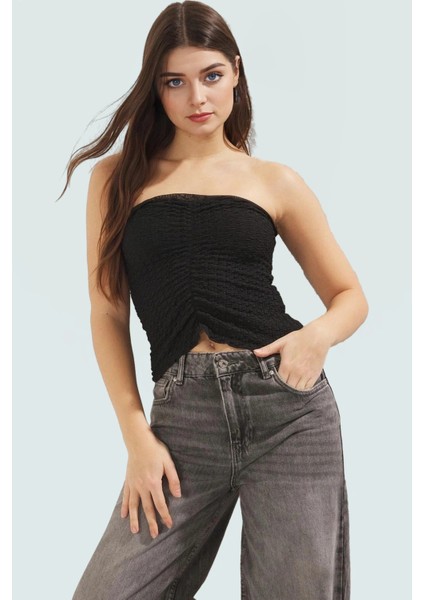 Straplez Büzgü Detaylı Örme Bluz Fitted Yazlık Esnek Modern Stil Özel Tasarım Mükemmel Uyum