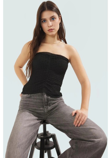 Straplez Büzgü Detaylı Örme Bluz Fitted Yazlık Esnek Modern Stil Özel Tasarım Mükemmel Uyum fiyatları