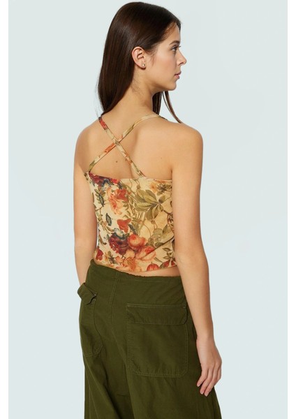 Çiçekli Desenli Fitted Vücuda Oturan Askılı Crop Bluz Örme Tül Kumaş Özenle Seçilmiş modelleri