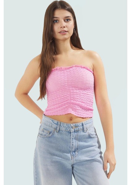 Straplez Büzgü Detaylı Örme Bluz Fitted Yazlık Esnek Modern Stil Özel Tasarım Mükemmel Uyum