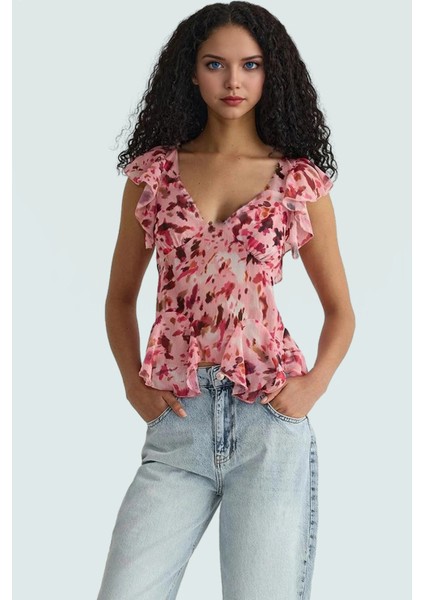 Yazlık Kolsuz Şifon Bluz V Yaka Çiçek Desenli Polyester Kumaş Premium Kalite Yüksek fiyatları