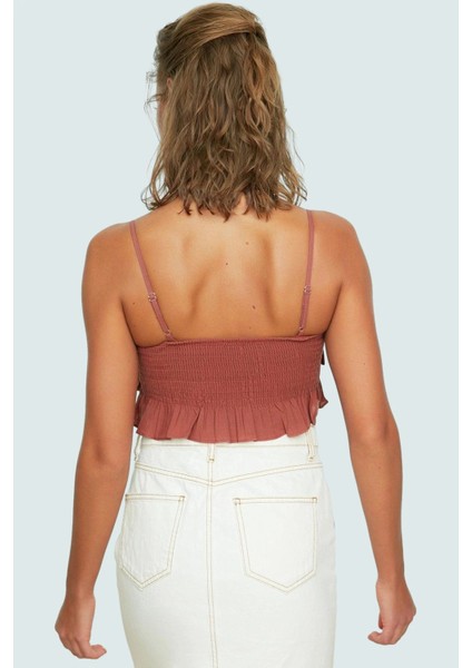 Kolsuz Flamlı Pamuk Bluz V Yaka Fırfır Detaylı Regular Kalıp Yazlık Crop Kaliteli Işçilik modelleri