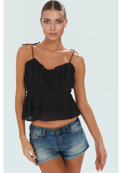 Pamuklu Viskoz Keten Görünümlü Bluz Yazlık Plaj Crop Rahat Trend Tasarım Seçkin Malzeme