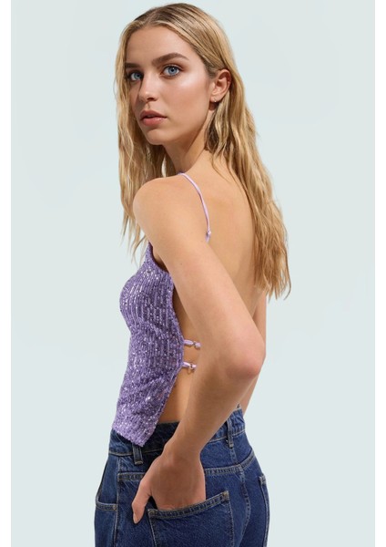 Şık Gece Bluzu Payetli Halter Yaka Kolsuz Örme Bluz Yaz Mevsimi Günlük Kullanım Için fiyatları