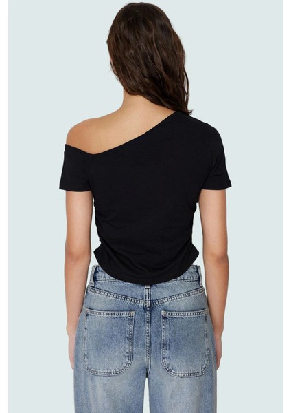 Asimetrik Yaka Basic Crop Bluz Örme Pamuklu Kumaş Yazlık Günlük Kombin Trend Tasarım fırsatları