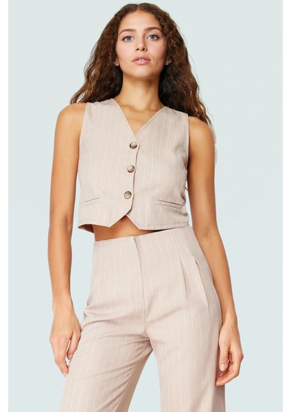 Modern Çizgili Crop Bluz V Yaka Polyester Yazlık Dayanıklı Malzeme Yüksek Kalite