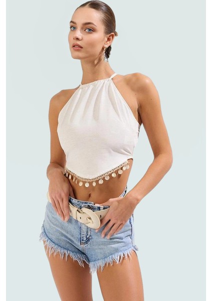 Hakim Yaka Kolsuz Bluz Yazlık Keten Karışımlı Aksesuarlı Rahat Kalıp Profesyonel Görünüm