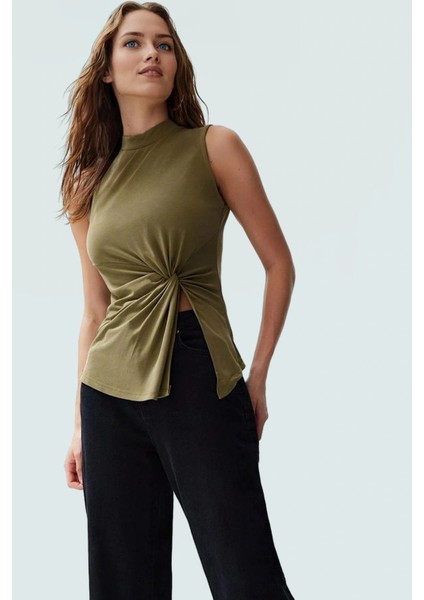 71% Modal 29% Polyester Bluz Dik Yaka Asimetrik Kolsuz Tasarım Kaliteli Işçilik Uzun Ömürlü fiyatları