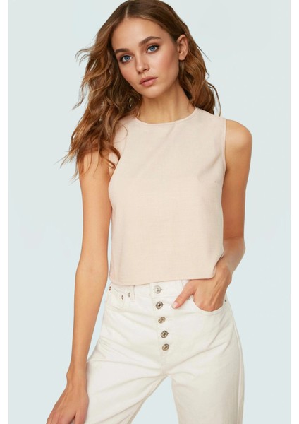 Bisiklet Yaka Kolsuz Crop Bluz 100 Polyester Aerobin Dokuma Yazlık Günlük Şık Görünüm Modern Stil