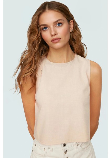 Bisiklet Yaka Kolsuz Crop Bluz 100 Polyester Aerobin Dokuma Yazlık Günlük Şık Görünüm Modern Stil fiyatları