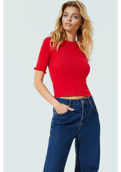 Pamuklu Polyester Elastan Karışımlı Fitted Bluz Bisiklet Yaka Kısa Kollu Yıkamalı fiyatları
