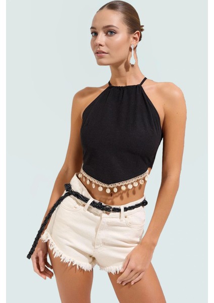 Hakim Yaka Kolsuz Bluz Yazlık Keten Karışımlı Aksesuarlı Rahat Kalıp Profesyonel Görünüm fiyatları