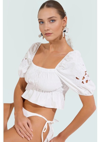 Şık Terrycotton Plaj Bluz Nakışlı Detaylar Fitted Kalıp Yazlık Günlük Kullanım Için