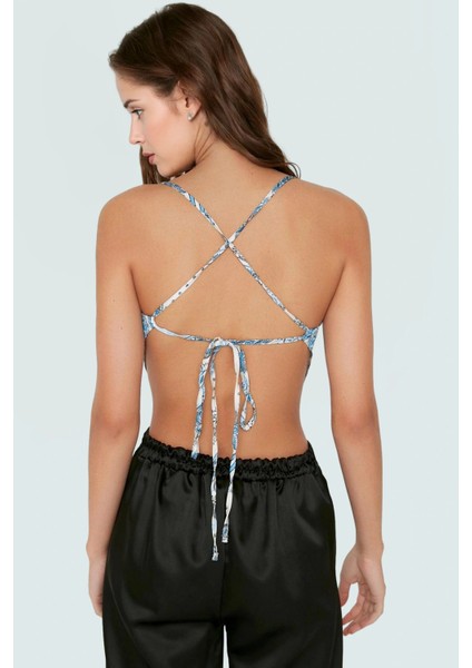 Yazlık Kadın Crop Bluz Şal Desenli Degaje Yaka Dokuma Kumaş Sırtı Bağlamalı Uzun Ömürlü fırsatları