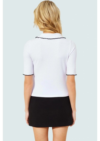 Yazlık Örme Bluz Fitted Kalıp Polo Yaka Karyoka Dikişli Zarifane Tasarım Seçkin Malzeme modelleri