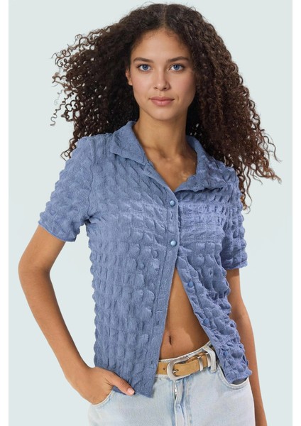 Fitted Polo Yaka Kısa Kollu Gofre Örme Bluz Yazlık Casual Kombinler Için Konforlu Kesim