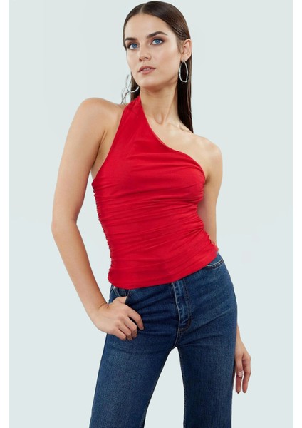 Polyester Elastan Bluz Bağlamalı Asimetrik Yaka Kolsuz Fitted Kalıp Yazlık