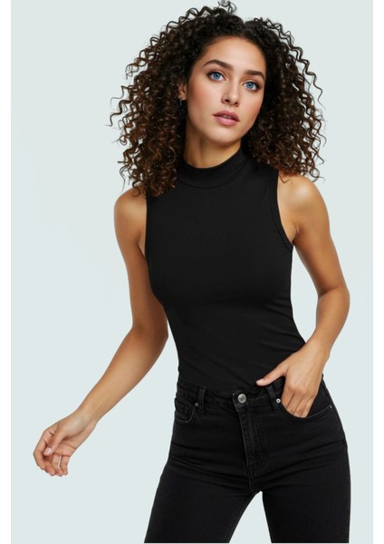 Viskoz Ribana Örme Bluz Dik Yaka Fitted Kalıp Kolsuz Yazlık Modern Stil