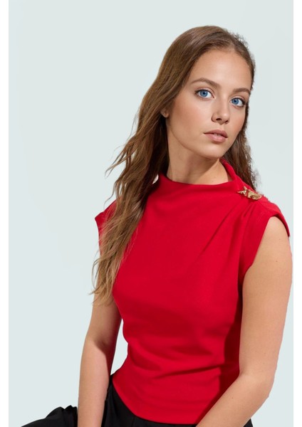 Kısa Kol Scuba Krep Örme Bluz Dik Yaka Aksesuar Detaylı Fitted Mükemmel Uyum Premium Kalite