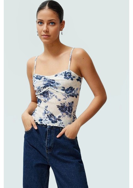 Çiçekli Crop Bluz Polyester Örme Kumaş Kalp Yaka Ince Askılı Yazlık Zarifane Tasarım fiyatları