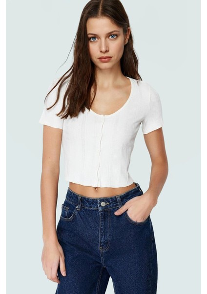 Yazlık Crop Bluz 96%polyester 4%elastan Havuz Yaka Fitted Kalıp Mükemmel Uyum
