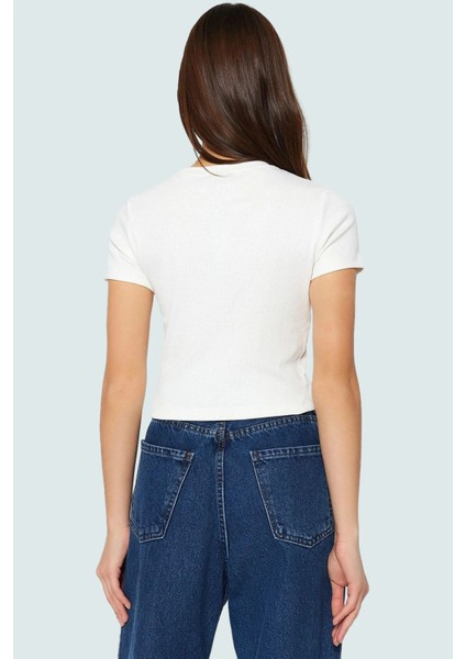 Örme Crop Bluz Bisiklet Yaka Fitted Kalıp Pamuklu Yazlık Kemersiz Uzun Ömürlü fırsatları