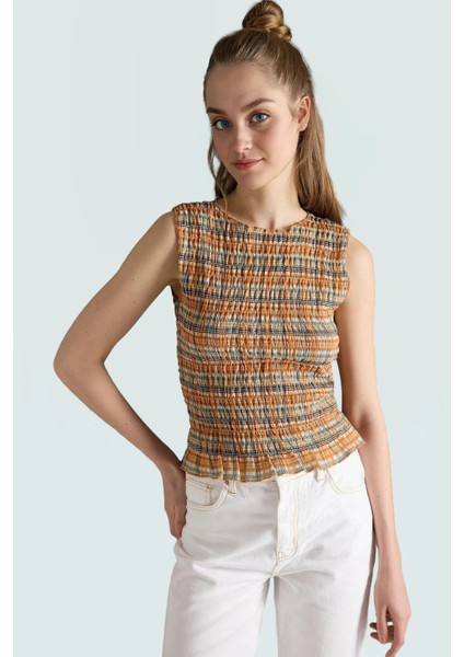 Regular Kolsuz Fitted Bluz Ekose Desenli Polyester Esnek Örme Kumaş Trend Tasarım Özenle Seçilmiş fiyatları