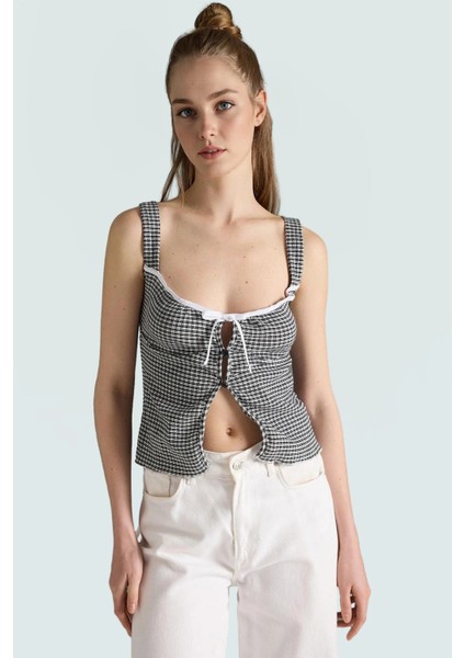 Yazlık Kolsuz Fitted Bluz Nefes Alan Jakar Örme Kumaş Kare Desen Yüksek Kalite