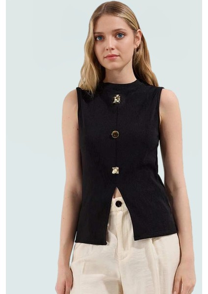 Yazlık Kadın Örme Yelek Regular Kalıp Bisiklet Yaka Scuba Krep Kumaş Dayanıklı Malzeme