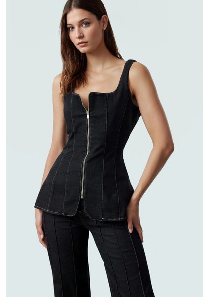 Kolsuz Denim Bluz Fermuarlı Kare Yaka Stretch Zarifane Tasarım Profesyonel Görünüm fiyatları
